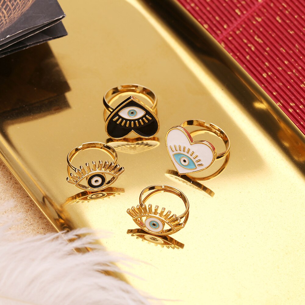 Black White Drip Process Adjustable Evil Eye Heart Shape Gold Rings