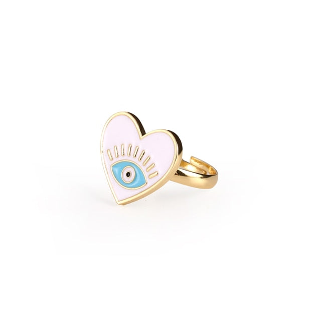 Black White Drip Process Adjustable Evil Eye Heart Shape Gold Rings