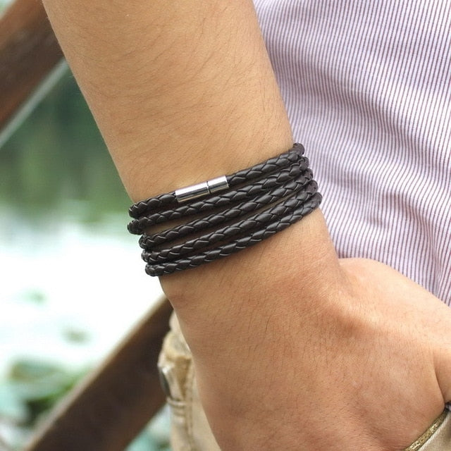 black retro Wrap Long leather bracelet