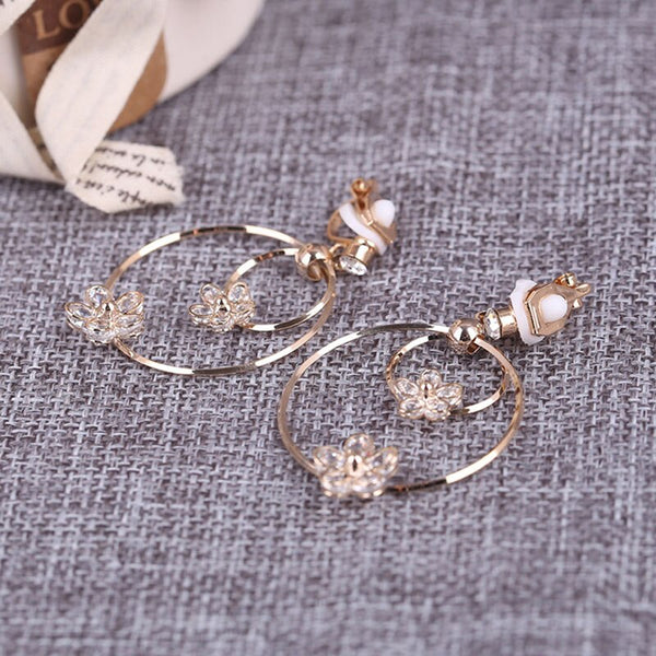 Gold Color Long Hollow Big Round zircon clip on Earrings non pierced