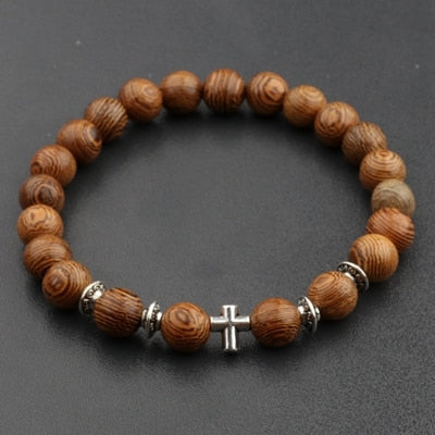 Men Natural Wood Beads Cross Bracelets