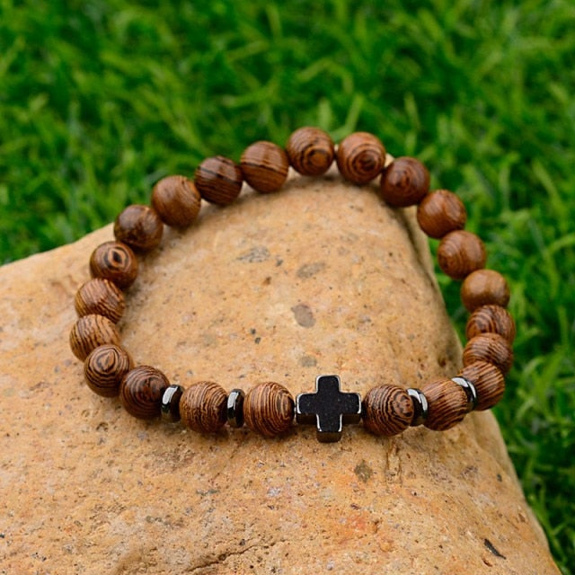 Men Natural Wood Beads Cross Bracelets