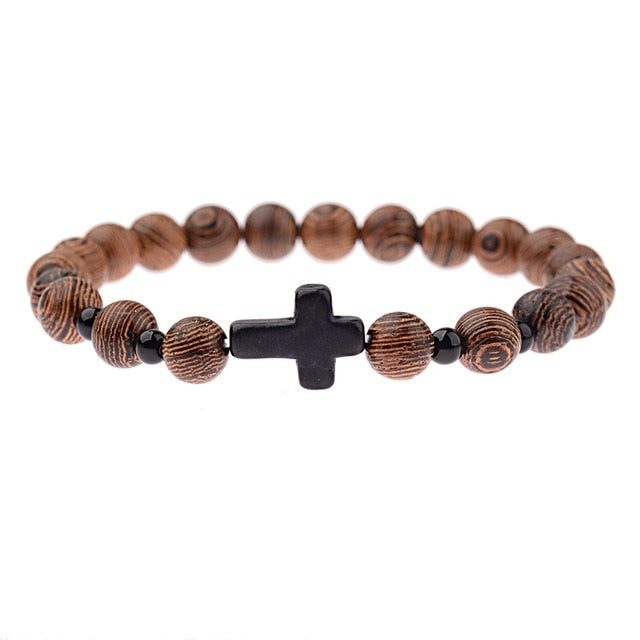 Men Natural Wood Beads Cross Bracelets
