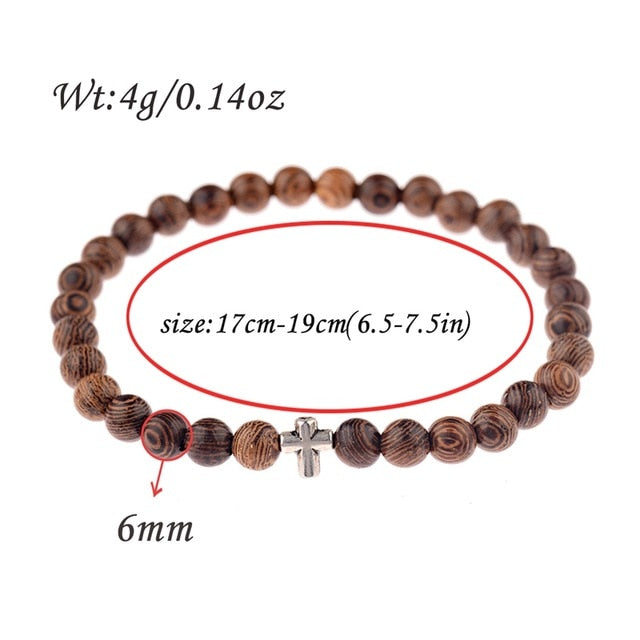 Men Natural Wood Beads Cross Bracelets