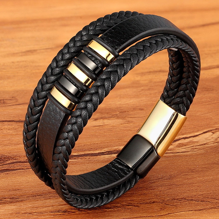 New 3 Layers Black Gold Punk Style Design Leather Bracelet