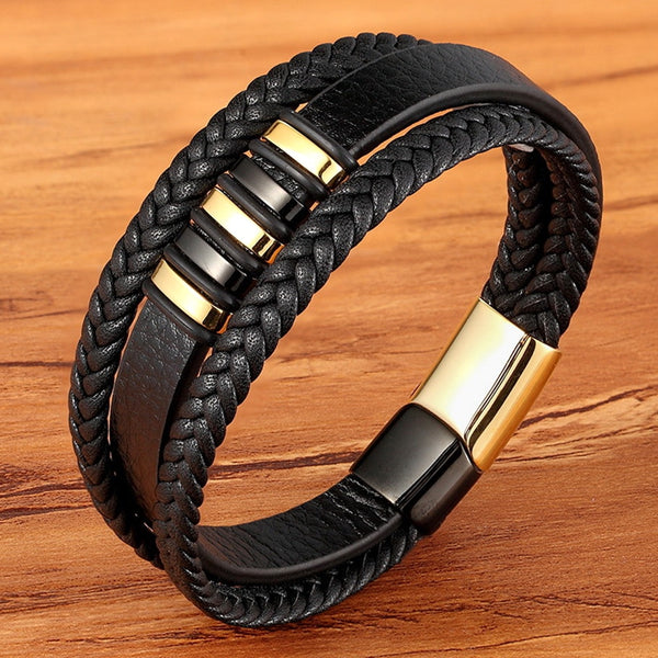Nueva pulsera de cuero estilo punk de 3 capas con diseño en oro negro