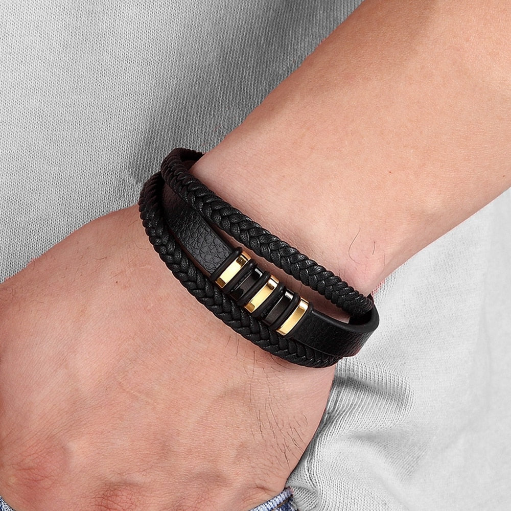 New 3 Layers Black Gold Punk Style Design Leather Bracelet