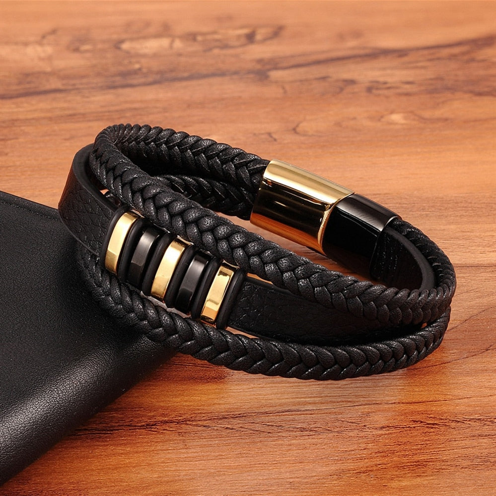 New 3 Layers Black Gold Punk Style Design Leather Bracelet