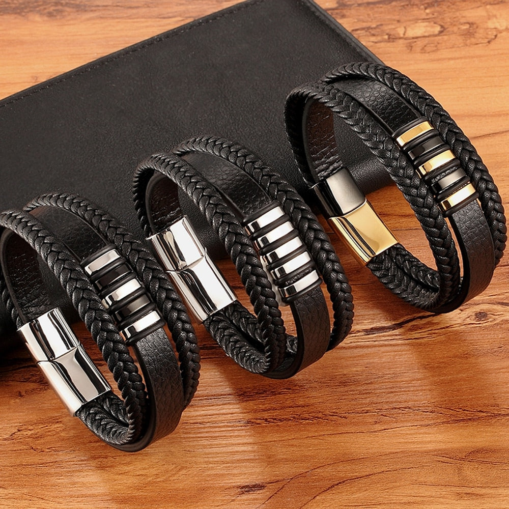New 3 Layers Black Gold Punk Style Design Leather Bracelet