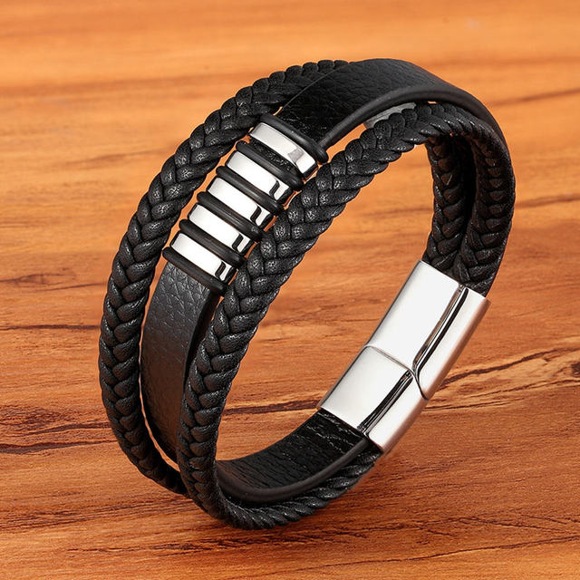New 3 Layers Black Gold Punk Style Design Leather Bracelet