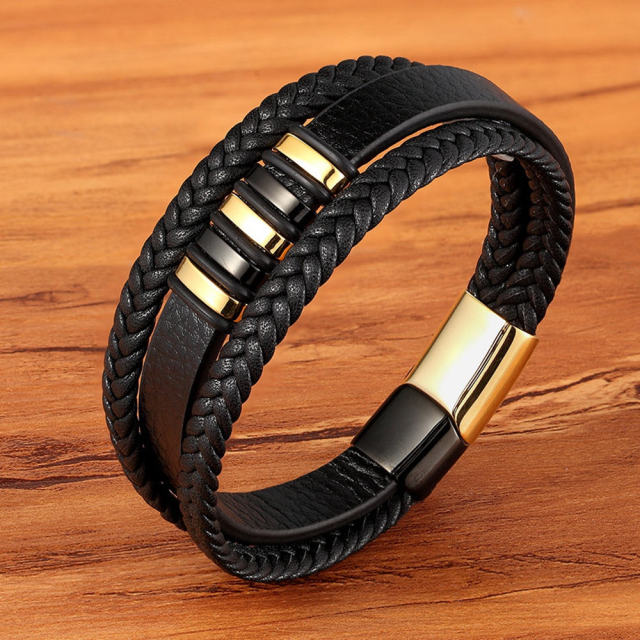 New 3 Layers Black Gold Punk Style Design Leather Bracelet