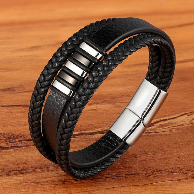 New 3 Layers Black Gold Punk Style Design Leather Bracelet