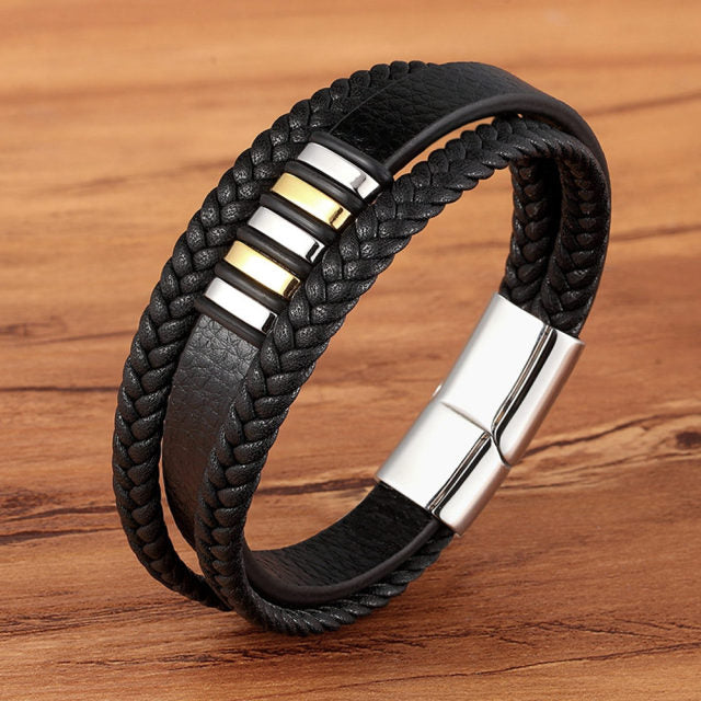 New 3 Layers Black Gold Punk Style Design Leather Bracelet