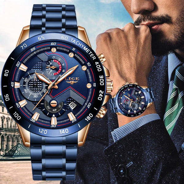 Reloj de cuarzo de lujo de acero inoxidable azul resistente al agua