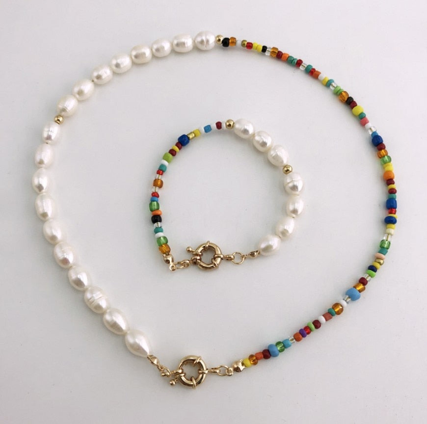 Bohemian Multi-Color Glass Beads Freshwater Pearl Necklace and Bracelet Set