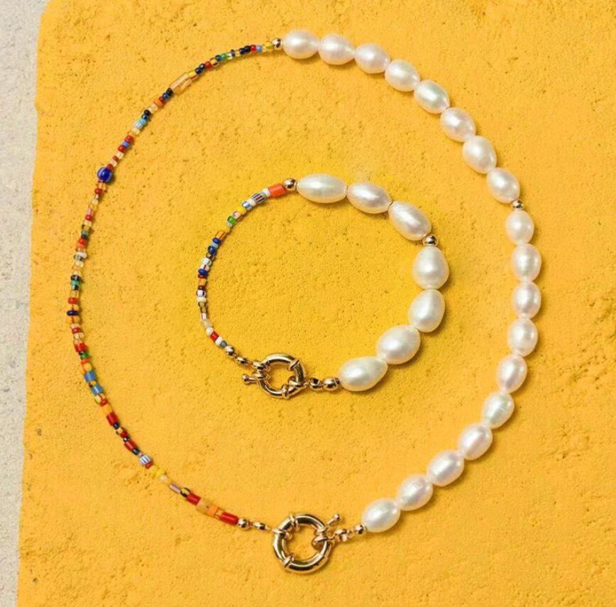 Bohemian Multi-Color Glass Beads Freshwater Pearl Necklace and Bracelet Set