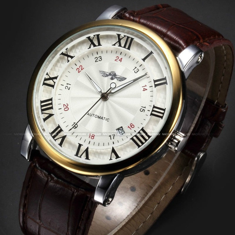 Gold Sport Wristwatches Self wind Automatic Mechanical Calendar Leather Watch