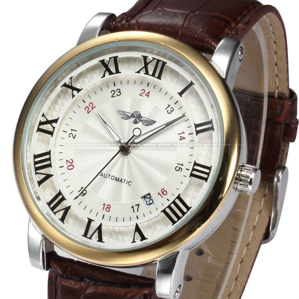 Gold Sport Wristwatches Self wind Automatic Mechanical Calendar Leather Watch