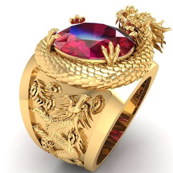 Men's Personality Domineering Dragon Inlay Red Crystal Rings