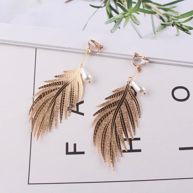 luxury gold Vintage Feather Wings Long Clip on Earrings