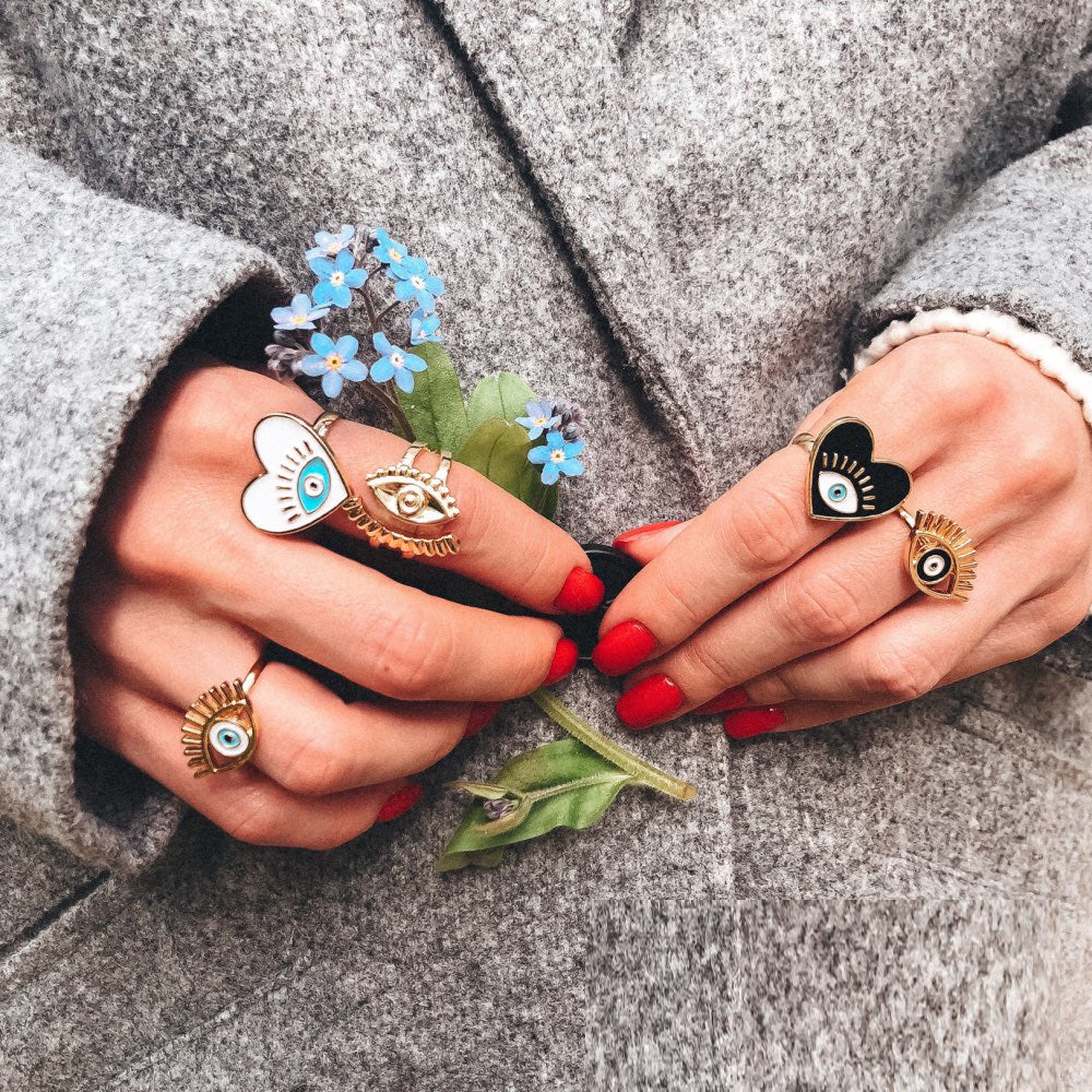 Black White Drip Process Adjustable Evil Eye Heart Shape Gold Rings