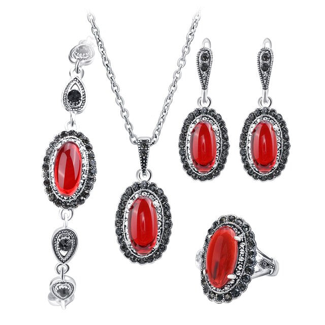 Red Stone Necklace And Earring Bracelet Ring For Women