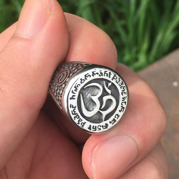 Silver Color Om Aum Yoga Buddhist Meditation 316L Stainless Steel Amulet Ring