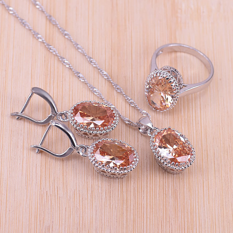 Silver Color  Oval Pendant Necklace Earrings+Rings set