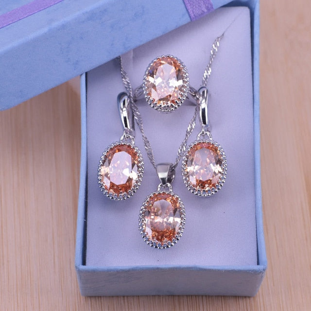 Silver Color  Oval Pendant Necklace Earrings+Rings set