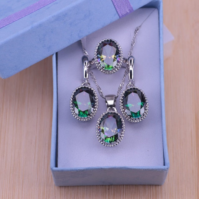 Silver Color  Oval Pendant Necklace Earrings+Rings set