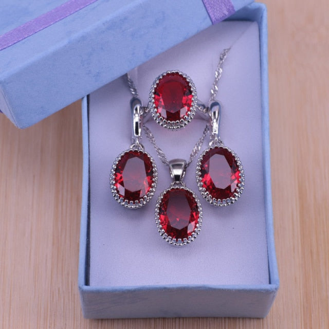 Silver Color  Oval Pendant Necklace Earrings+Rings set