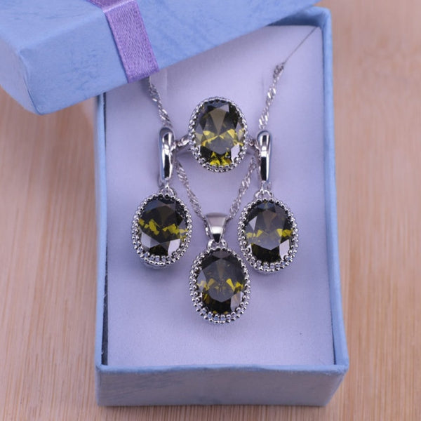 Silver Color Jewelry Oval Pendant Necklace Earrings+Rings