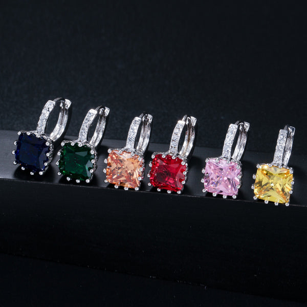 Gorgeous Silver Color Tiny Square Unique Yellow Stone Fashion CZ Crystal Stud Earrings