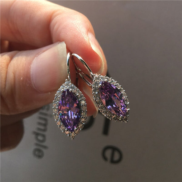 Pendientes de lujo de cristal morado para mujer, bonitos y pequeños pendientes de clip plateados.