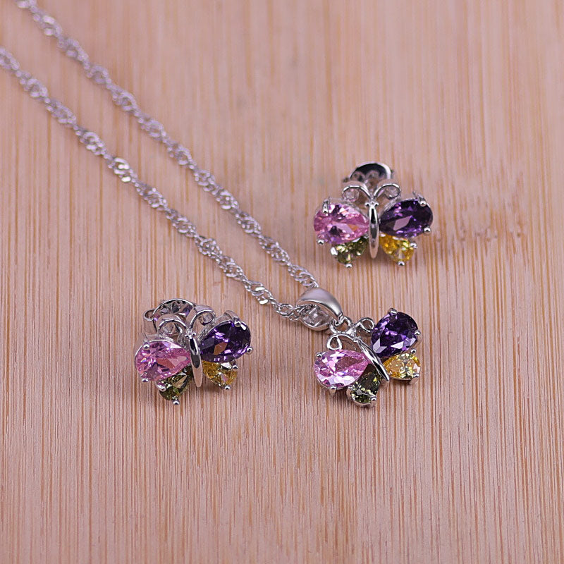 butterfly top cubic zircon silver earrings necklace pendant set