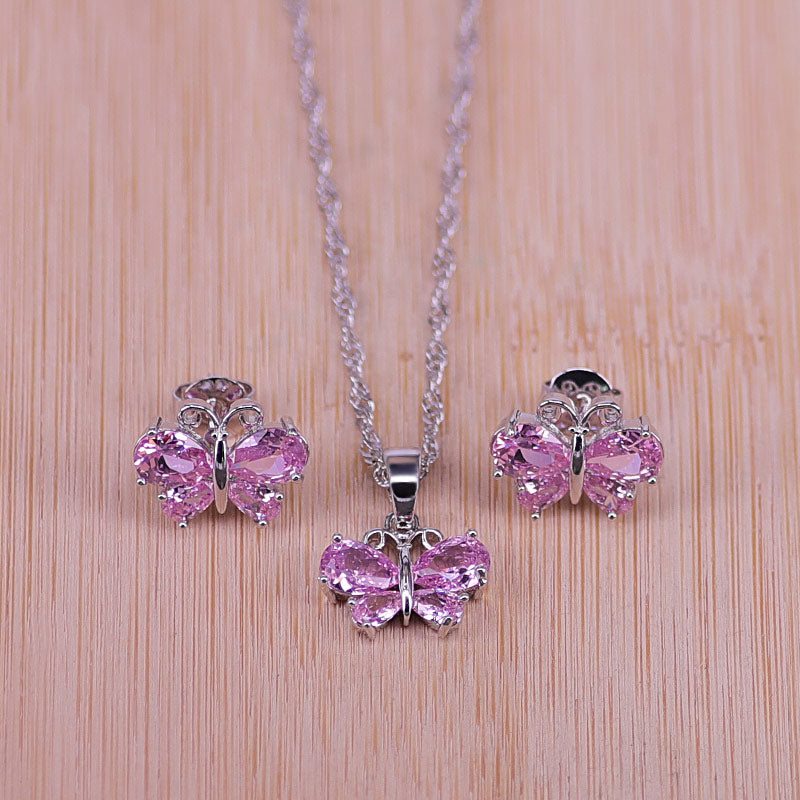 butterfly top cubic zircon silver earrings necklace pendant set