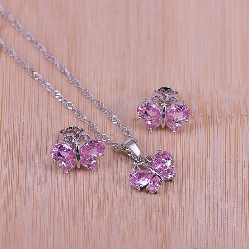 butterfly top cubic zircon silver earrings necklace pendant set