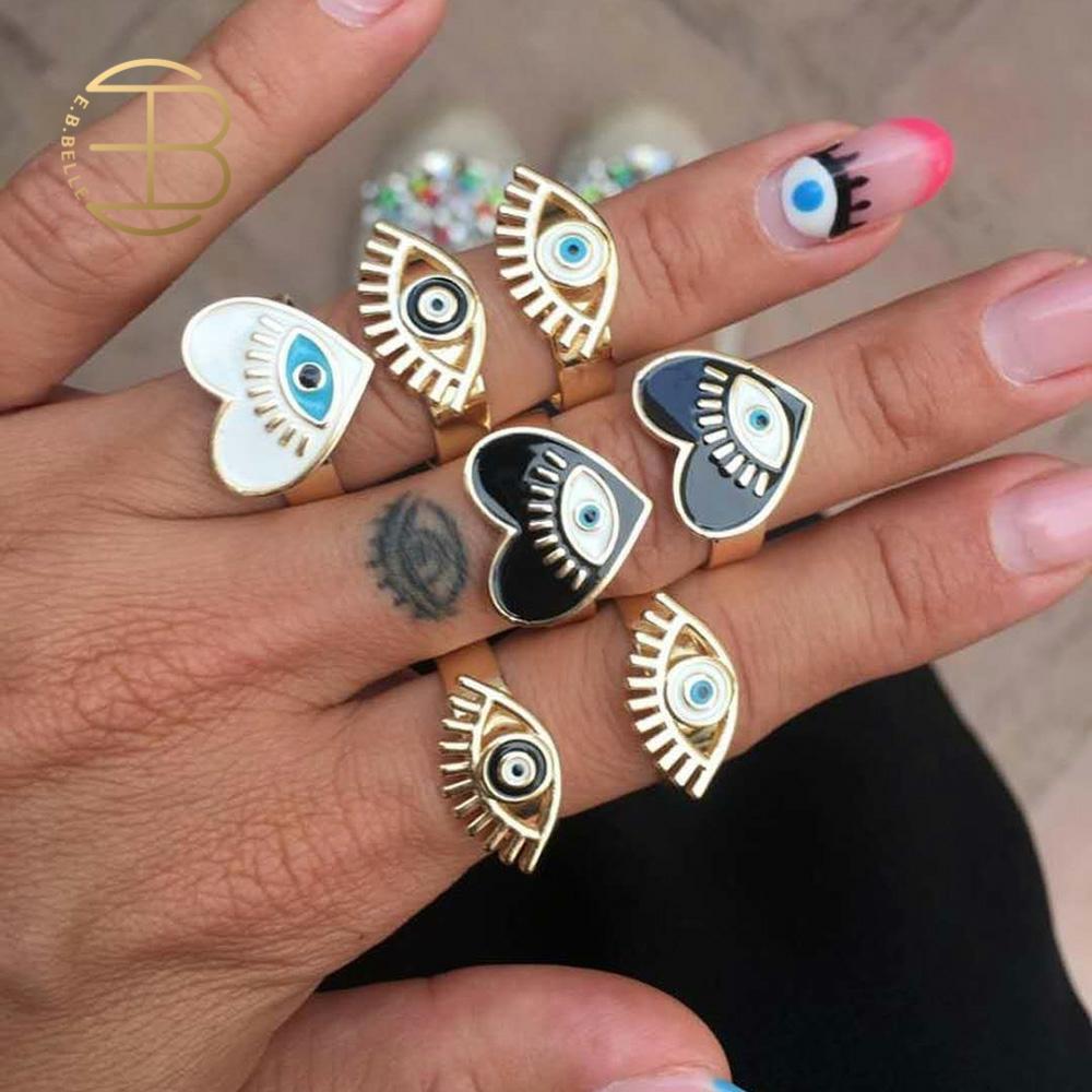 Black White Drip Process Adjustable Evil Eye Heart Shape Gold Rings