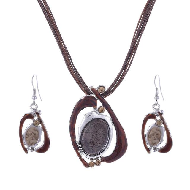 Leather Chain Enamel Gem Necklace Set