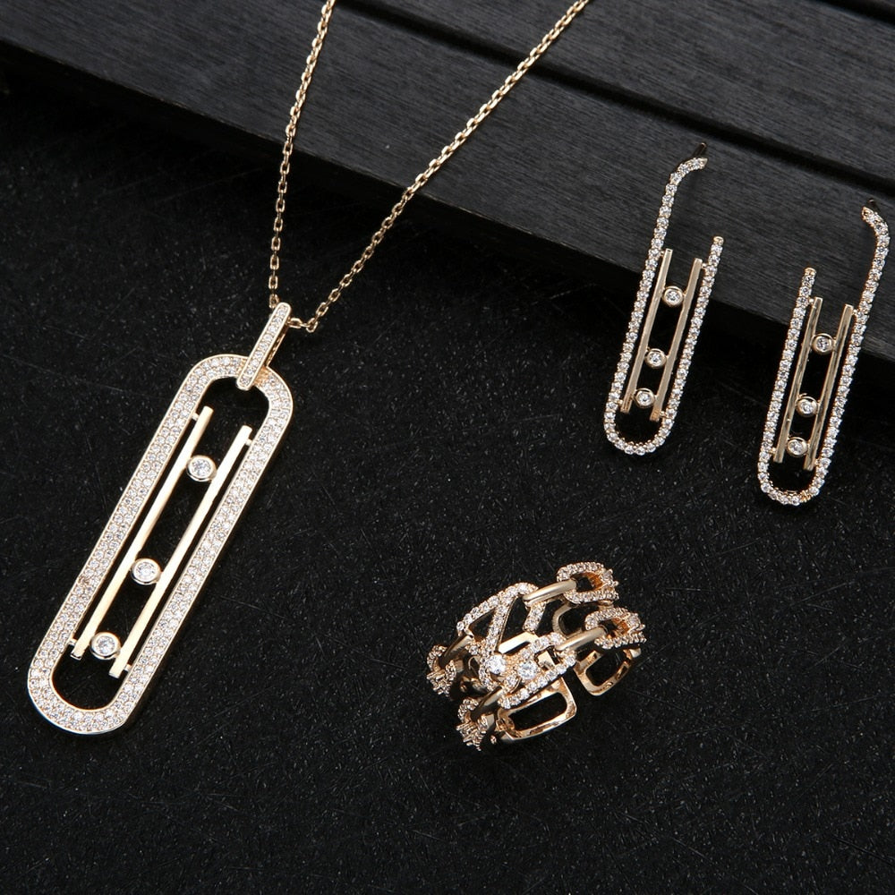 Luxury Geometry Link Stackable Pendant Necklace Earring ring set