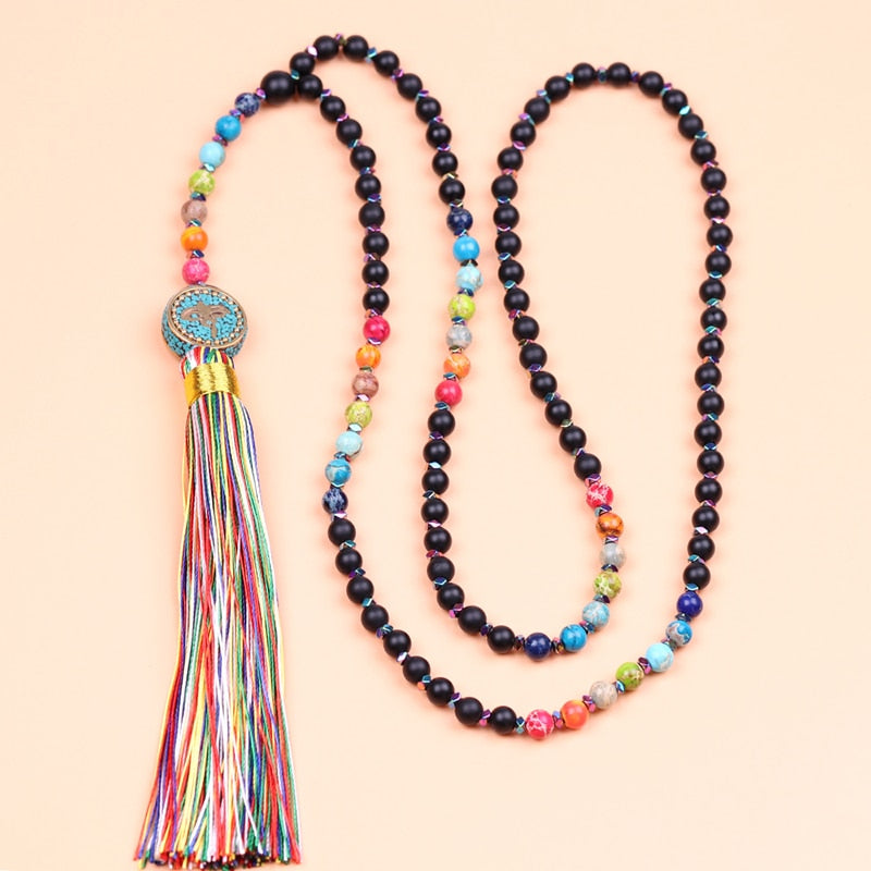 Reiki Yoga 6Mm Matte Black Onyx Chakra  Necklace