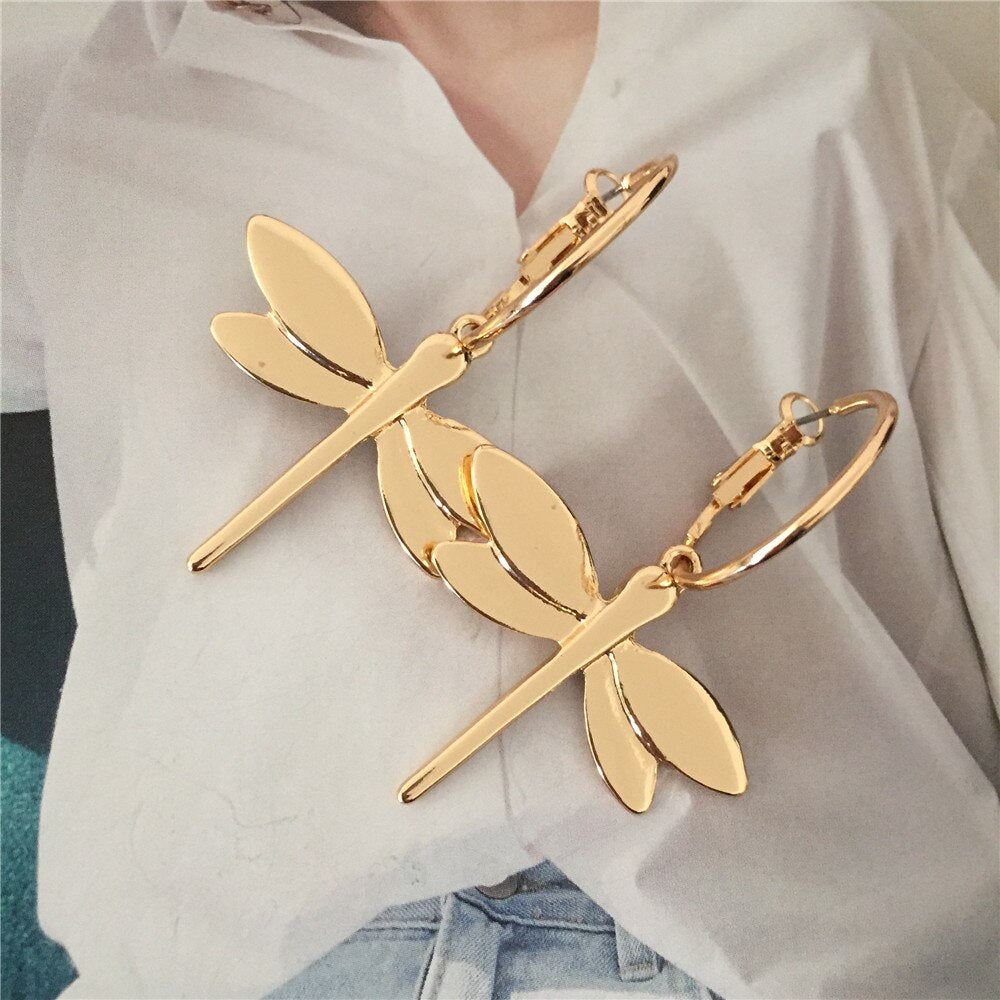 High Quality Gold Color Dragonfly Pendant Dangle Earrings