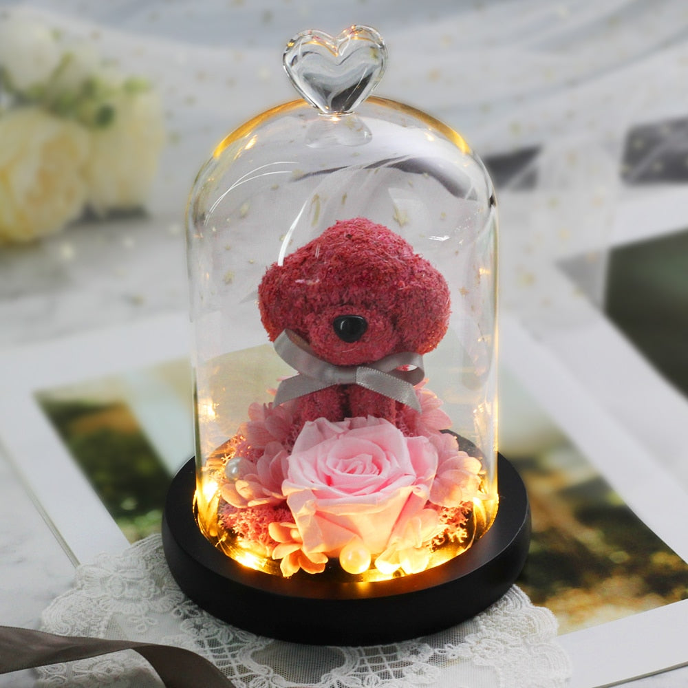 Teddy Bear Christmas Rose in Led Glass Flower