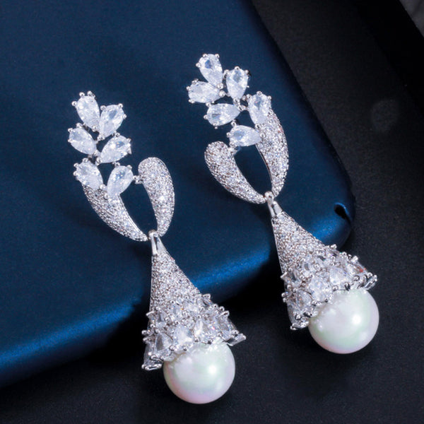 Exquisite Long Leaf Dangle Pearl Drop Chandelier Earrings
