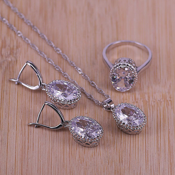 Conjuntos de joyas de boda de moda con circonitas cúbicas ovaladas grandes en color plata