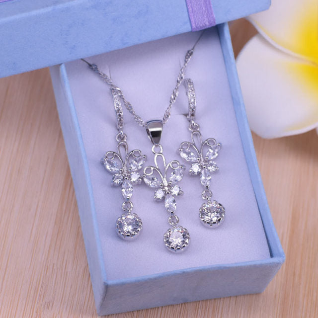 butterfly silver color  blue cubic zircon jewelry set