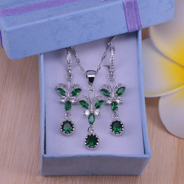 butterfly silver color  blue cubic zircon jewelry set