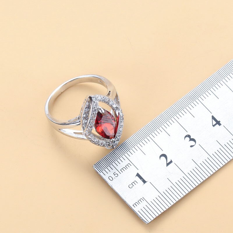 Red Garnet Zircon Silver Color Bracelet And Ring Women Fashion Sets