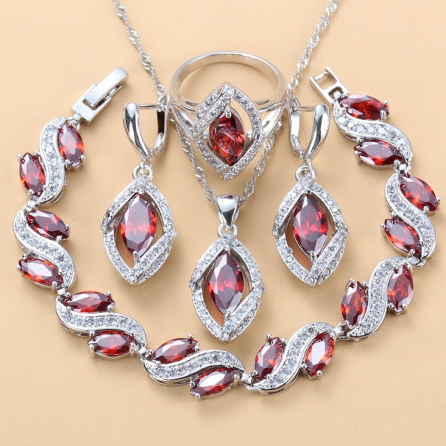 Red Garnet Zircon Silver Color Bracelet And Ring Women Fashion Sets