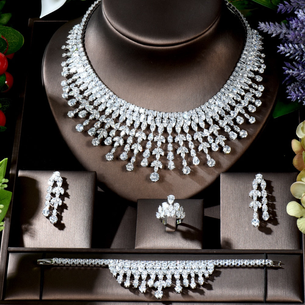 Fashion White AAA CZ Zirconia Leaf Earring Necklace Set